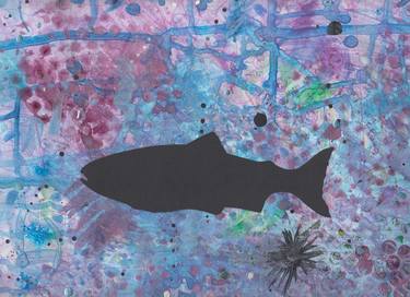 Salmon, in black, on purple dropcloth, swimming left image