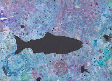 Salmon, in black, on purple dropcloth, swimming right thumb