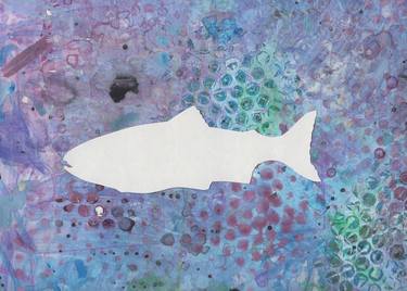 Salmon, in white, on purple dropcloth, swimming left image