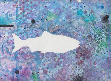 Salmon, in white, on purple dropcloth, swimming right image