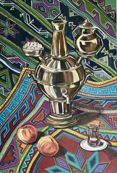 PICNIC WITH A SAMOVAR.Weekend on the nature. Family Holiday. Turkish Coffee. Oil Painting. Ethnic Style. thumb