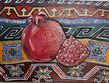 Pomegranate on a Turkish carpet, red pomegranate on a red carpet thumb