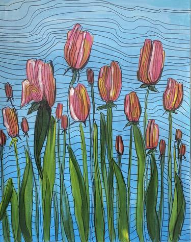 RED TULIPS ON A BLUE MEADOW ON A SUMMER SUNNY DAY. MIXED STYLE ILLUSTRATION thumb