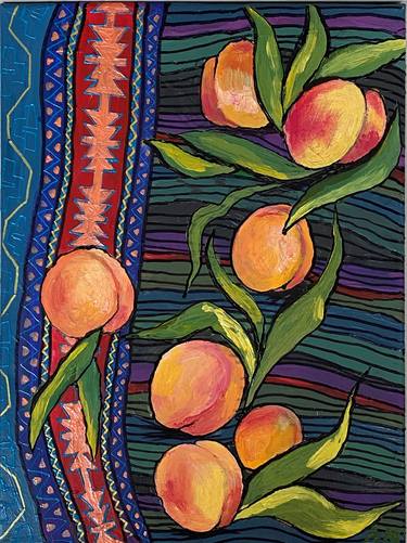 PEACHES ON ARABIC CARPET, OIL PAINTING, harvesting peaches. childhood memories of summer and autumn thumb