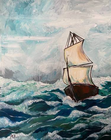 SHIP ON THE WAVES. rain, storm, wind. inspiration by the ocean. thumb
