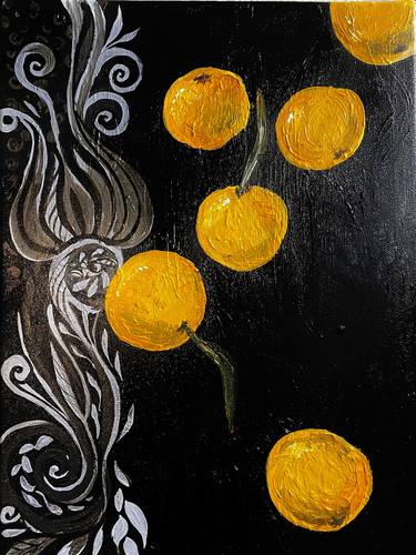 Scattered tangerines on a black carpet, Silver and black. Contrast painting in the interior. thumb
