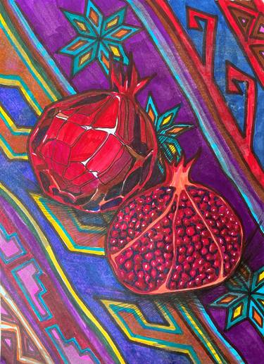 SKETCH FOR ETHNO PAINTING, JUICY POMEGRANATE ON A DAGESTAN CARPET. a modern take on vintage items. thumb
