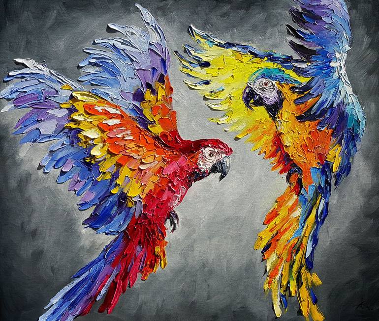 Dance in the sky - Ara parrot, bird, parrots, birds love, bird in flight, parrots art Painting by Kozorez | Saatchi Art