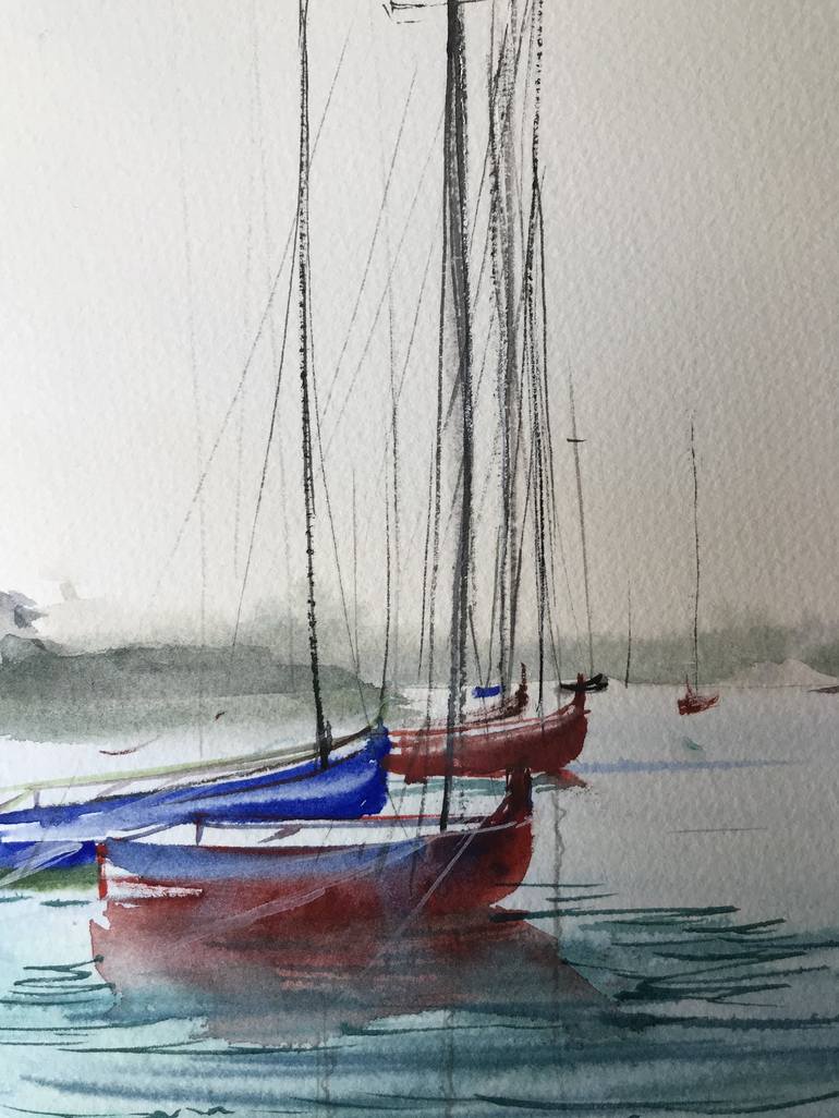 Original Impressionism Boat Painting by Seena Mani