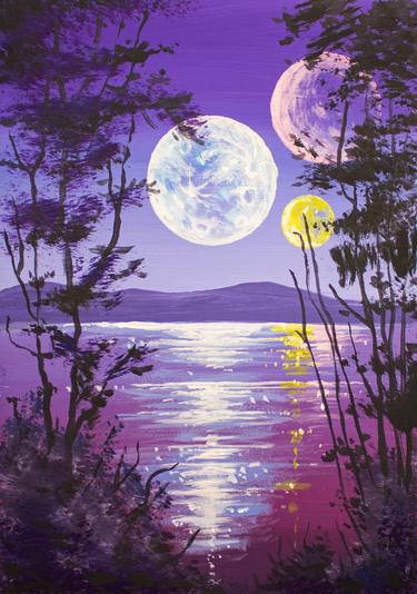 Beautiful space Scenery with moon painting night nature landscape thumb