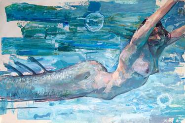 JOCOSA. - acrylic painting, erotic art, female fish body, interior decor, gift idea for home, blue, emotional impressionistic, happy joy thumb
