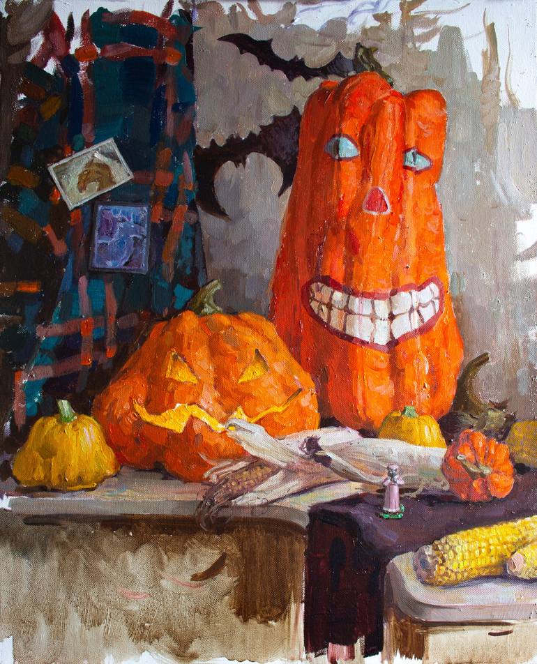 Pumpkin face scary smile orange red Halloween Digital Art by