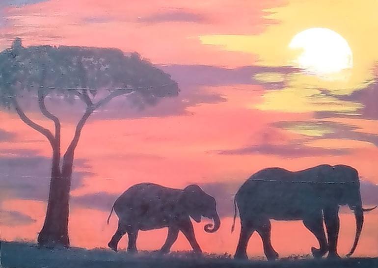 elephant sunset painting