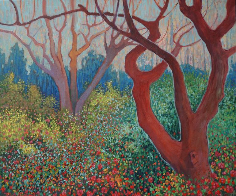 Original Landscape Painting by Trifon Markov | Impressionism Art on Canvas | Red roses and trees