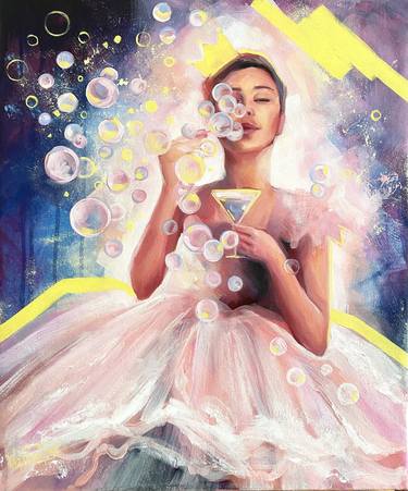 Soap bubbles-original oil on canvas, girl, fashion, happy, home decor Painting thumb