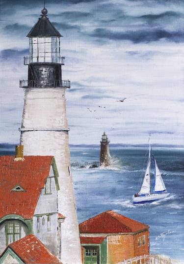 "PORTLAND LIGHTHOUSE" ORIGINAL OIL PAINTING LANDSCAPE, FOR PORTRAIT WALL HANGING. thumb