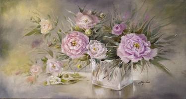"Delicate Peonies" Original, oil painting on canvas, for landscape wall hanging. thumb