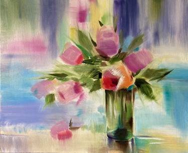 ''ROSES IN THE VASES'' ORIGINAL OIL PAINTING ON CANVAS thumb
