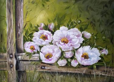 ''Peonies on the fence". Oil painting with flowers. Garden flowers thumb