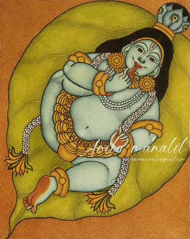 Saatchi Art Artist Anila Manalil; Paintings, “Vatapatrasayi - Little Krishna on holy banyan leaf” #art