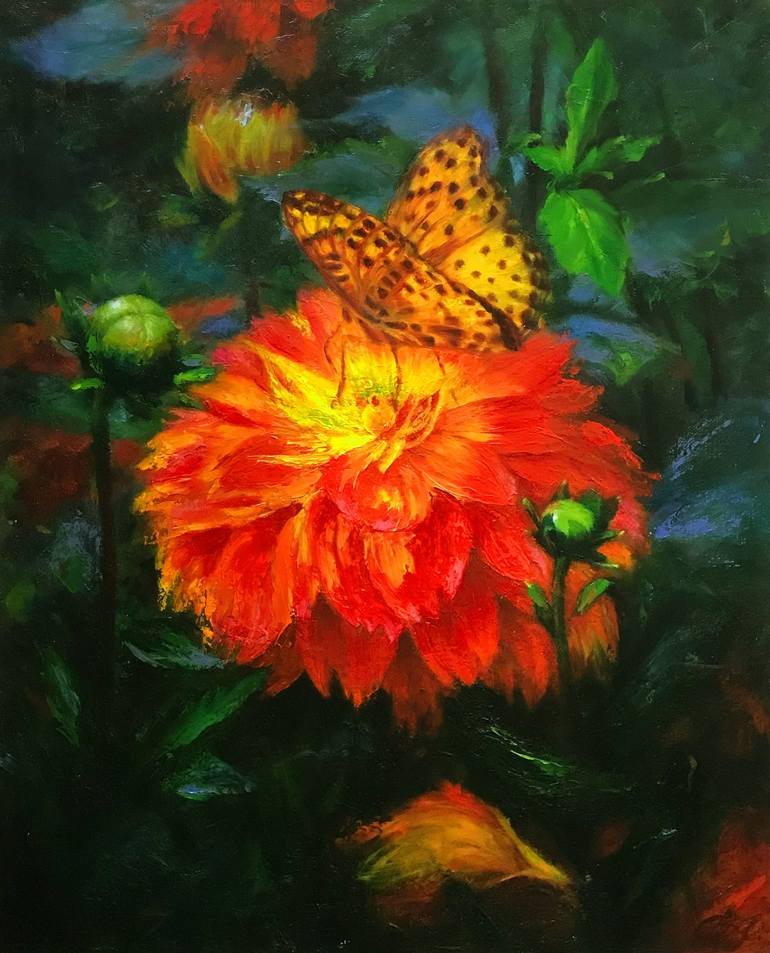 butterfly and dahlia Painting by Luiza Gaitova - Summer | Saatchi Art