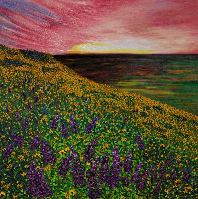 Original Landscape Painting by Richa Agarwal Dalmia | Expressionism Art on Canvas | VALLEYS OF FLOWERS 12 - SUNSET WITH THE DELPHINIUMS