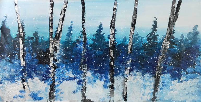 Winter Hues - Blue White Snow Trees Painting by Nidhi Patankar ...