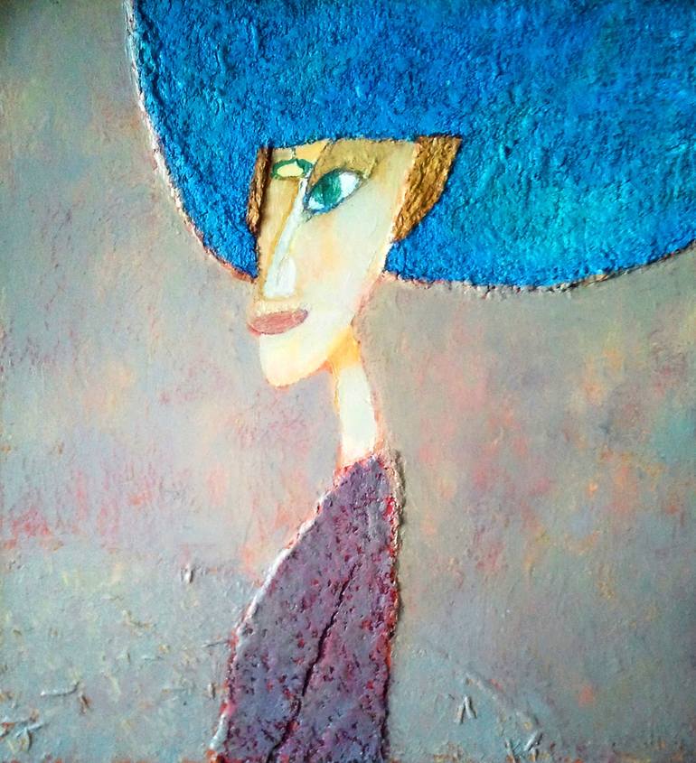 Portrait of a Girl in a Big Blue Hat Painting by Vadim Kolobovnikov