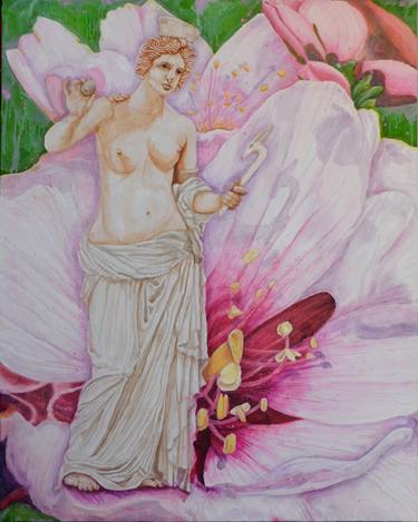 Saatchi Art Artist Lydia Hoffnungsthal; Paintings, “Phoenician Goddess Tanit in Almond Blossom with Moon, Sun & goat scepter” #art