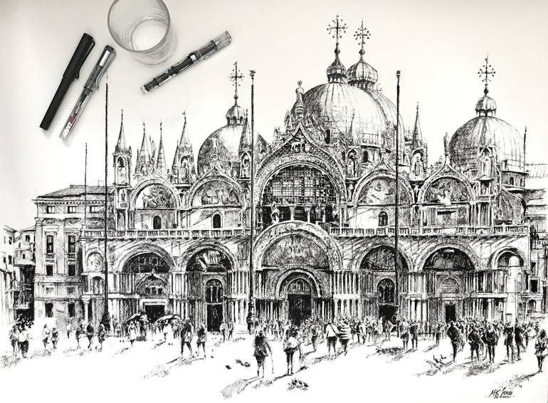 Original Fine Art Architecture Drawing by Monika Jones