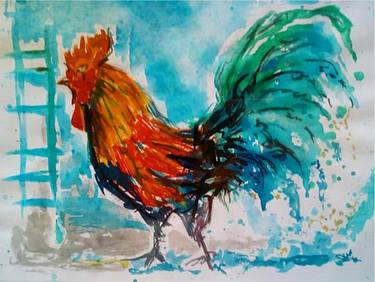 Blue Rooster - Watercolor - 26x20cm thumb