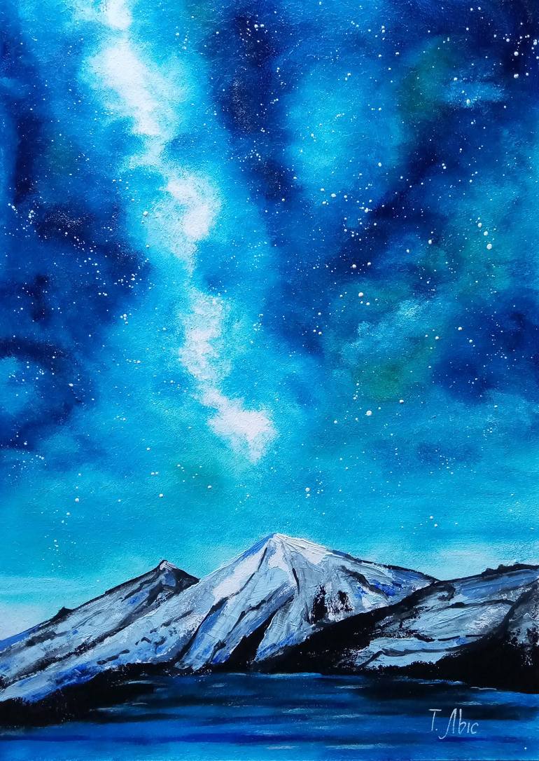 Snowy mountain original painting | cozy good village with galaxy sky | snowy mountain village with starry sky original art in mixed media