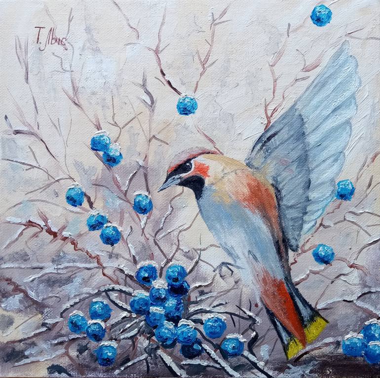 Bluejay popular Bird Original Acrylic Painting on Canvas Blue Snow Winter Berries Gift