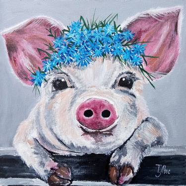 Pig in a cornflower wreath Painting by Tatyana Lysenko | Saatchi Art