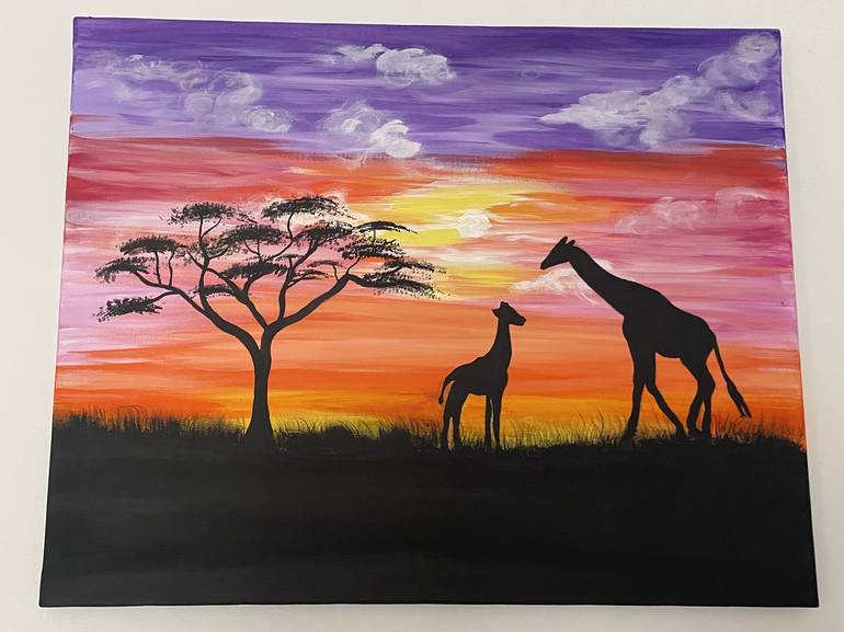 Giraffes At Sunset Painting by Kristina Brierley | Saatchi Art