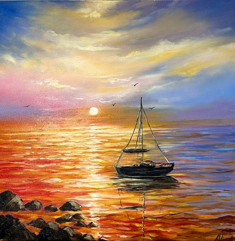 Original Seascape Painting by Alisya Vicol | Expressionism Art on Canvas | Chasing the Sunset