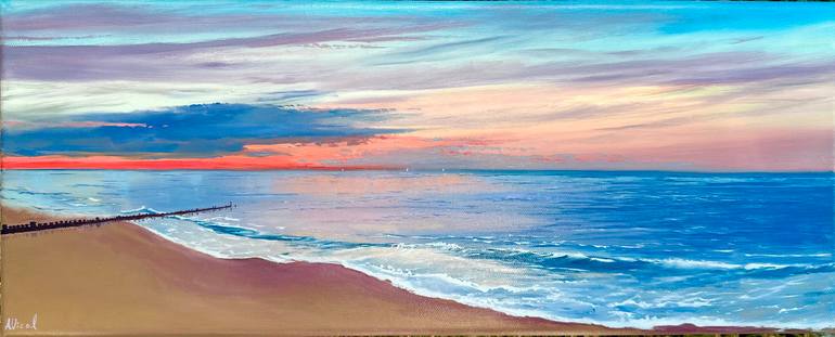 Original Beach Painting by Alisya Vicol | Realism Art on Canvas | Sunset at the Ocean