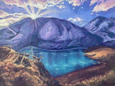 Large canvas art, custom landscape, surrealism, sunset in the mountains, oil painting, trendy wall art. thumb