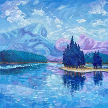 Very large oil painting, rocky mountain art, mountains and lake, oil on stretched canvas, 31*31 inches. thumb