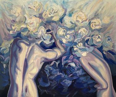 Extra large wall art, acrylic painting on canvas, floral painting with naked man and woman thumb