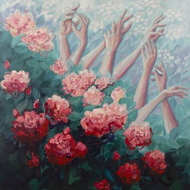 Large canvas painting with flowers and hands, square floral wall art 100*100 cm. thumb