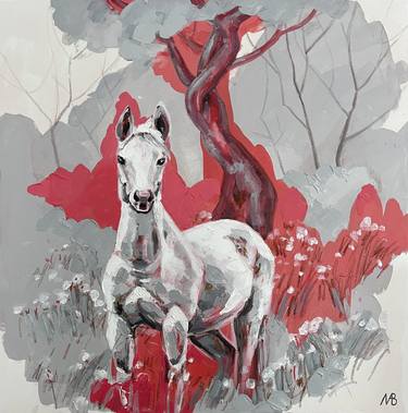 A white horse in a red field, landscape with horse,  monochrome art thumb