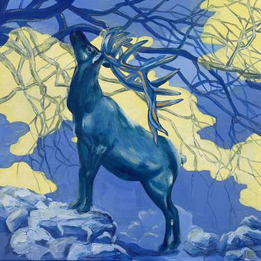 Turquoise Deer, custom animal artwork, blue forest painting thumb