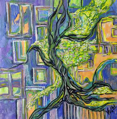 Walking Tree - Abstract oil painting on chipboard. Home decoration. thumb