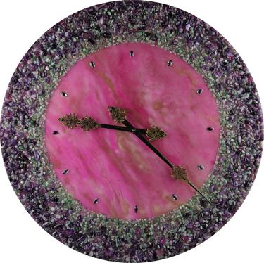 Designer wall clock with aventurine, amethyst, crystals and epoxy resin. thumb
