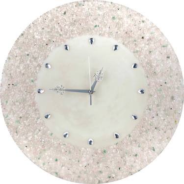 Designer wall clock with rose quartz, chrysolite (peridot), crystals and epoxy resin. thumb