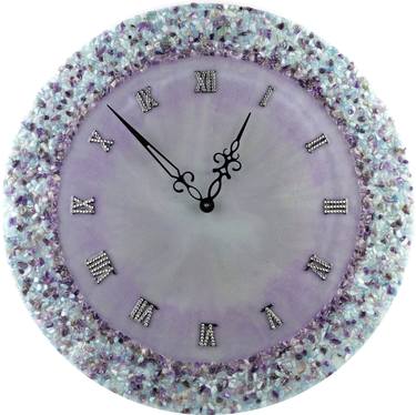 Designer wall clock with aquamarine, amestyst and epoxy resin. thumb