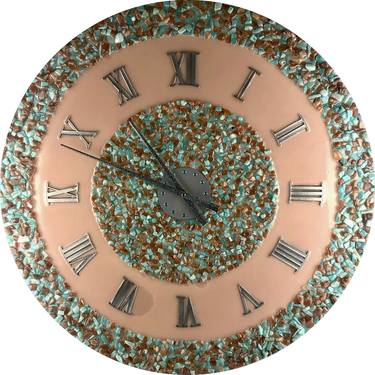 Designer wall clock with amazonite, sunstone and epoxy resin. thumb