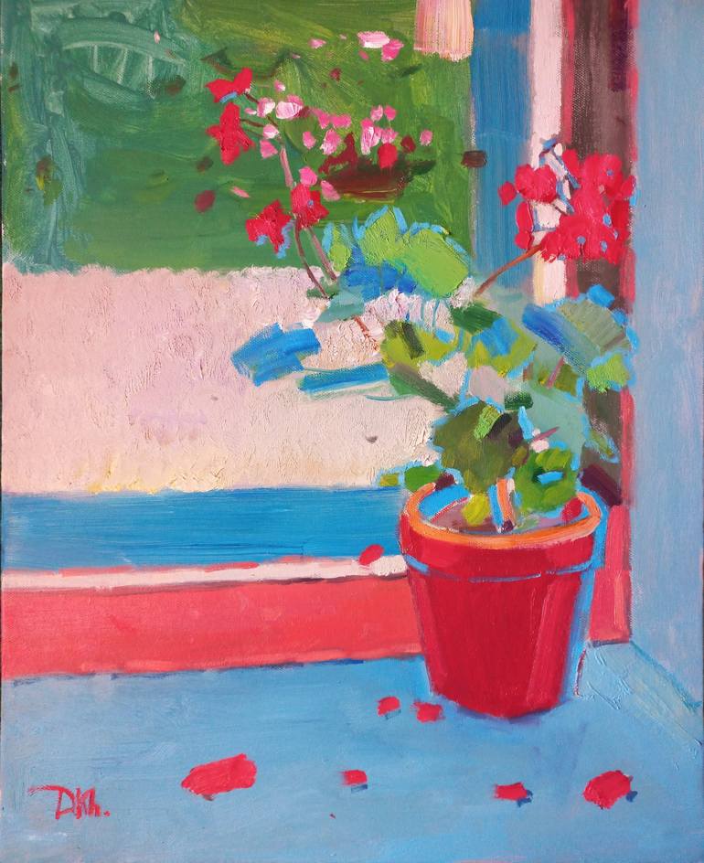 Original Still Life Painting by Dilshod Khudayorov | Abstract Art on Canvas | Don't forget to water the geraniums