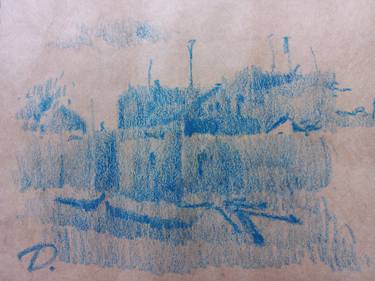 Graphics drawing with pastel on paper village Khiva thumb